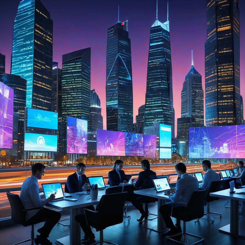 A futuristic cityscape with advanced digital billboards, sleek skyscrapers adorned with holographic displays, and interconnected networks symbolizing the web. People of diverse professions enthusiastically collaborating on tablets and laptops, illustrating various web services and solutions. Vibrant colors and dynamic lighting to emphasize innovation and progress. Super-realistic. Vibrant colors. Futuristic style.
