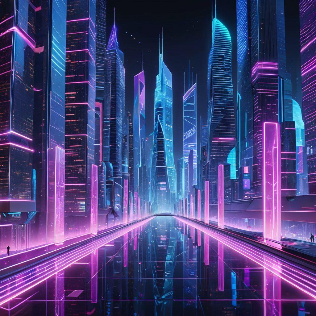 A dynamic, futuristic cityscape with digital skyscrapers interconnected by glowing neon pathways, representing a powerful online presence. Pages of code and digital tools floating in the air, while a developer works on a laptop with a holographic interface. Super-realistic. Vibrant colors. 3D rendering.