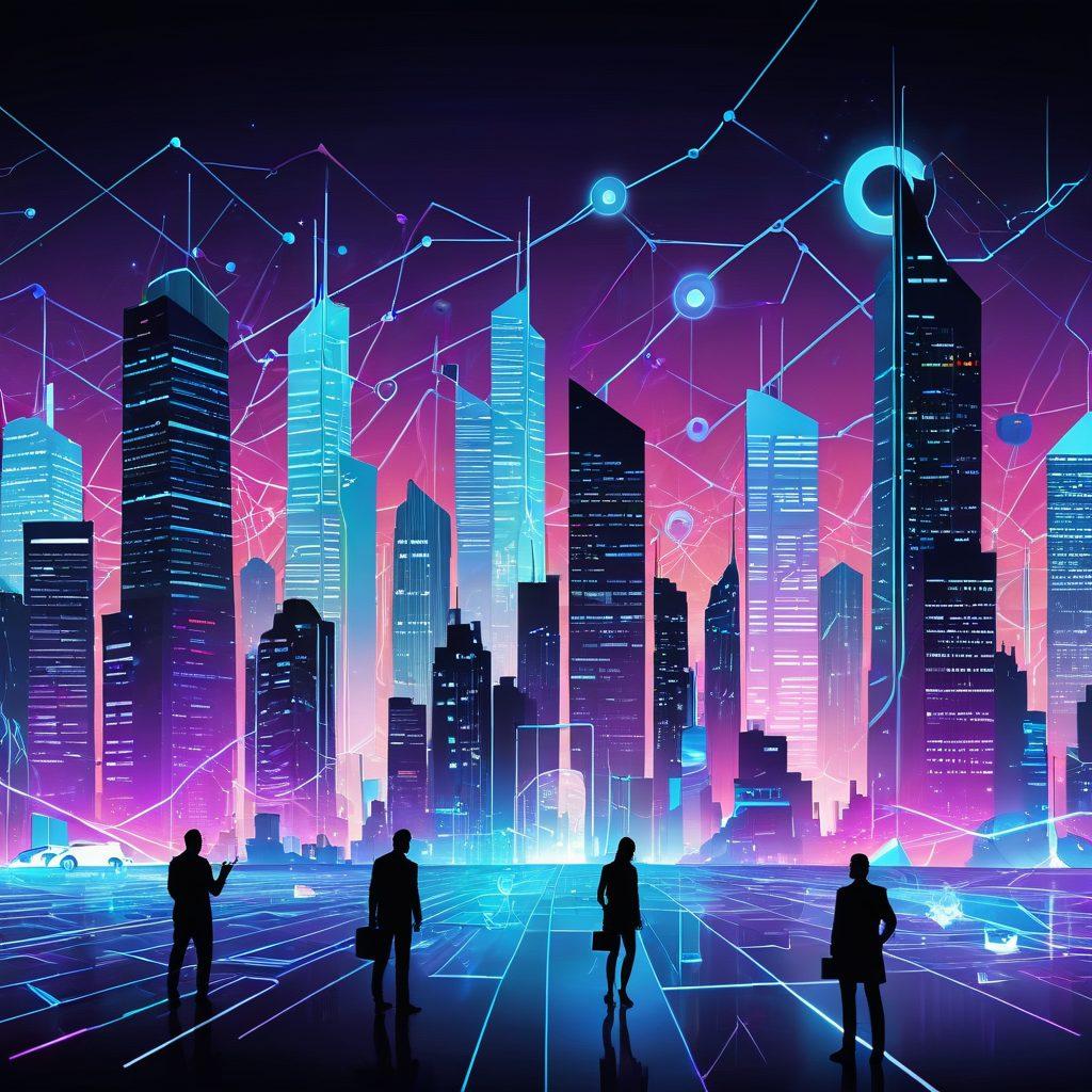 A futuristic cityscape with interconnected web pathways, illustrating a digital network, and icons representing SEO and branding strategies like graphs, magnifying glasses, and megaphones glowing over skyscrapers. Characters analyzing data on large holographic screens. vector art. vibrant colors. modern aesthetic.